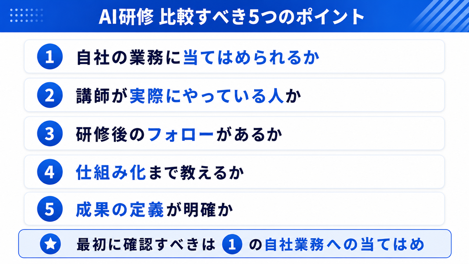 AI研修で比較すべき5つのポイントの図解